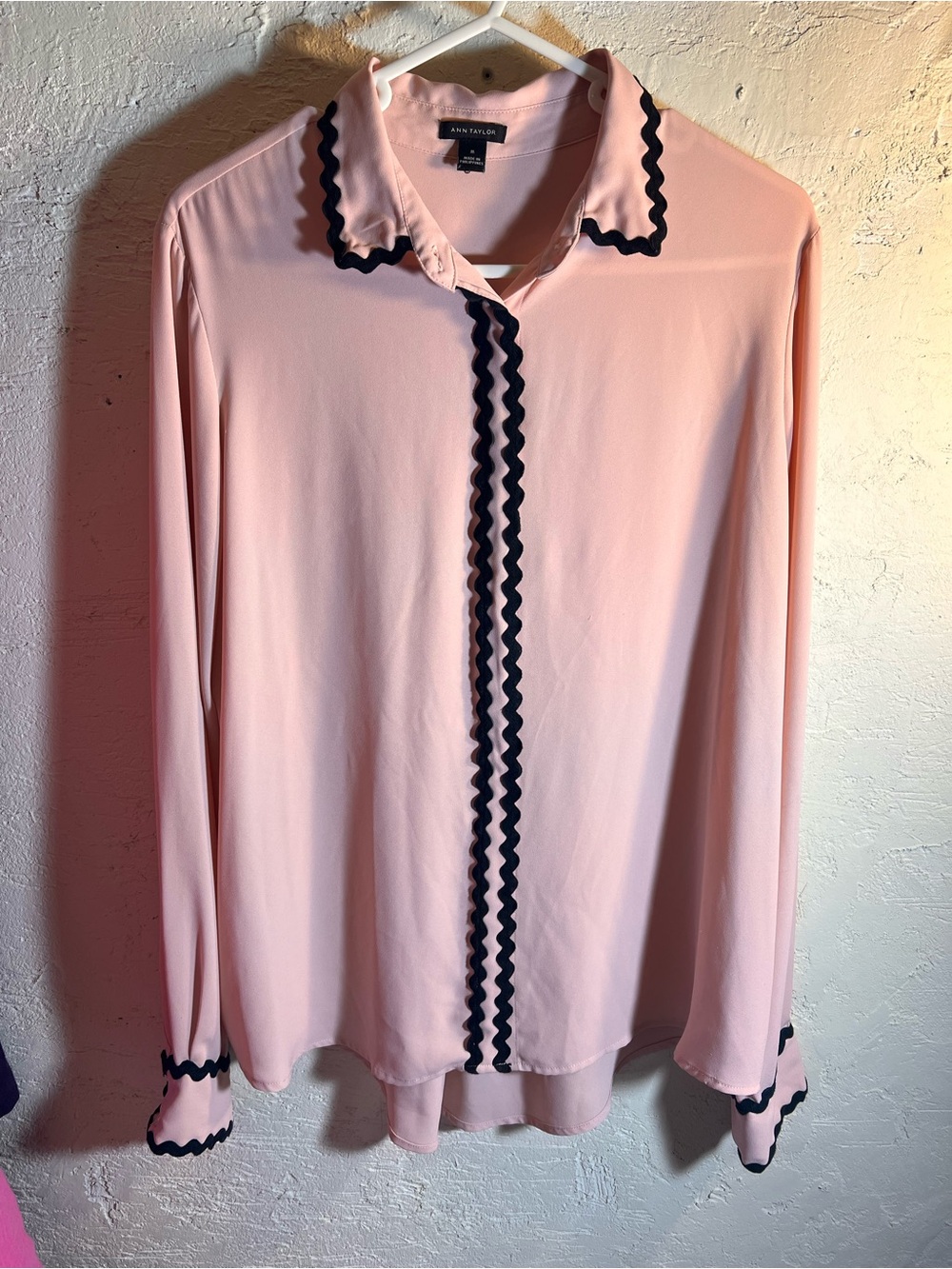 Ann Taylor Light Pink Blouse with Black Rickrack Trim